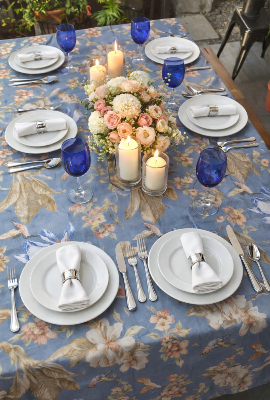 Mantel Floral Elegante Azul para Mesa de Comedor
